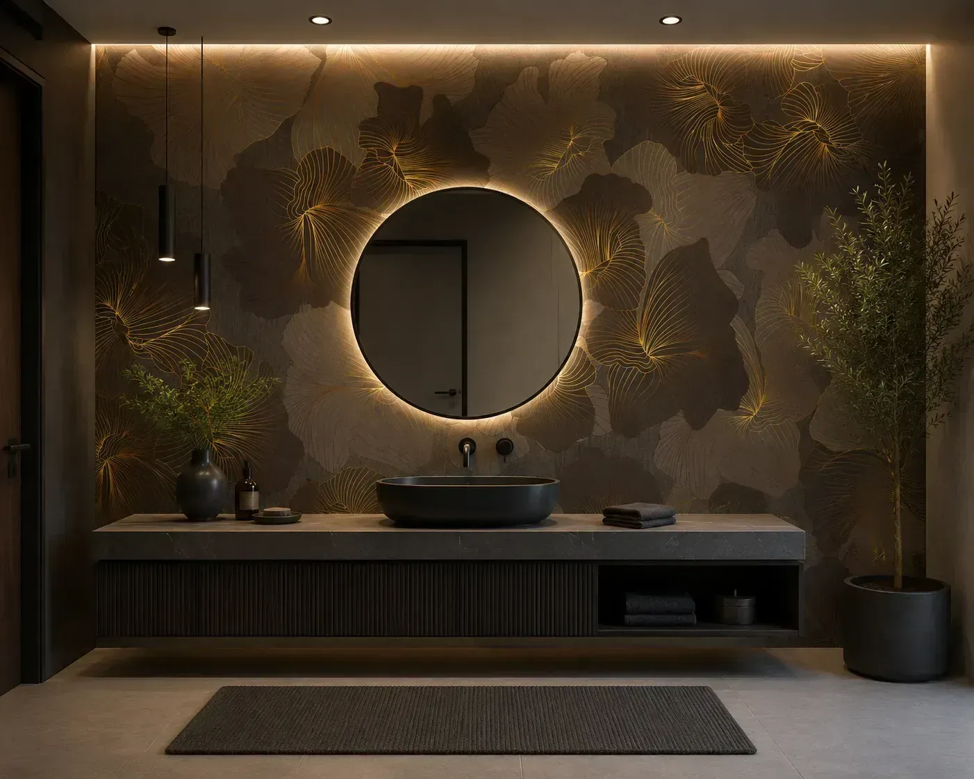 Duschrückwand mit floralem Dekor in Gold auf dunklem Grund