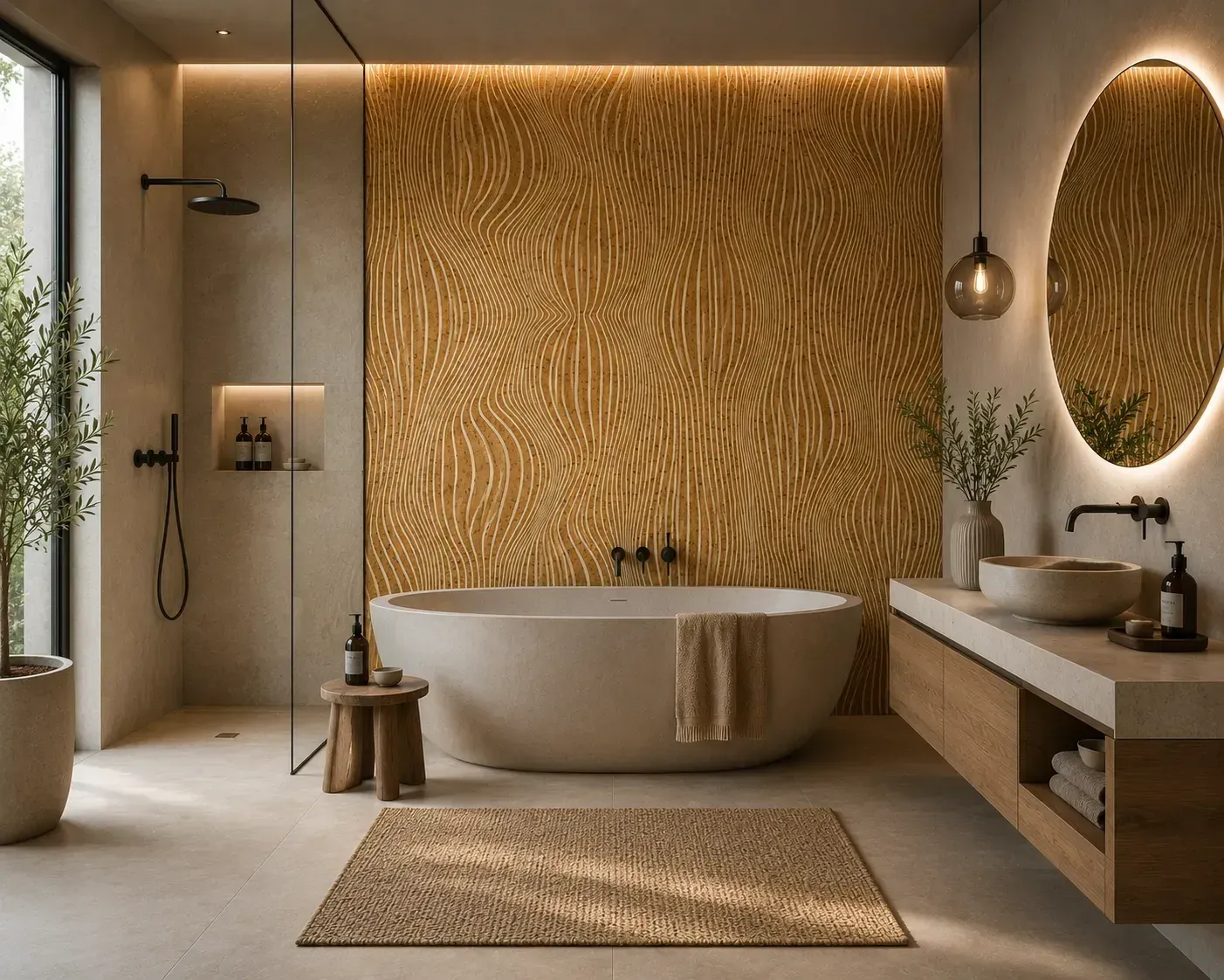 Wandverkleidung mit goldener Wellenstruktur im Badezimmer