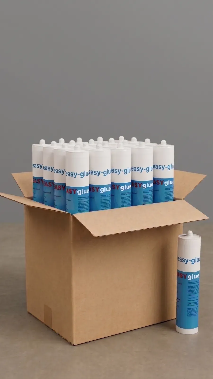 Karton mit Kartuschen Polymer Kleber Weiß für die Montage von Wandpaneelen